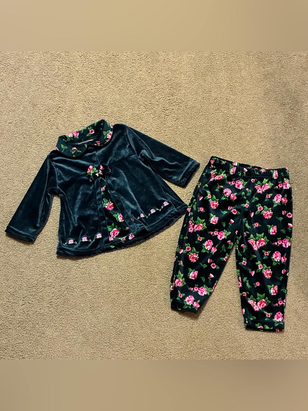 Vintage 2 Cute 4 You Dark Green Velvet Pants Shirt Outfit Set Pink Floral Print